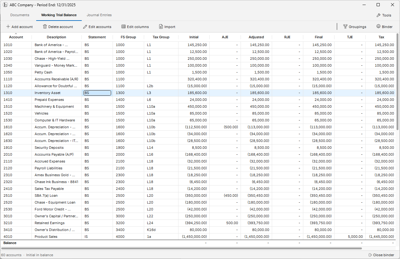 Working Trial Balance Workspace
